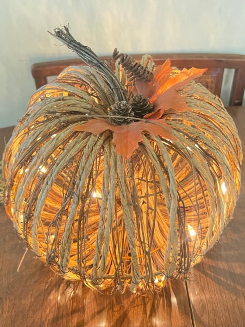 Large Fall Autumn Rustic Woven Lighted Pumpkin Grapevine-Style